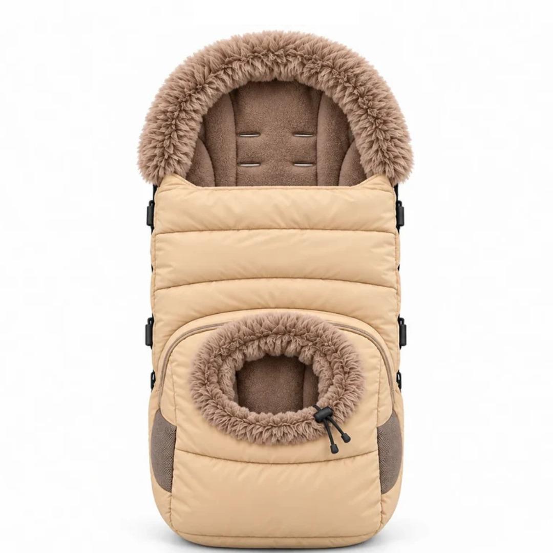 FamilyNest stroller footmuff, front view with the pet pocket