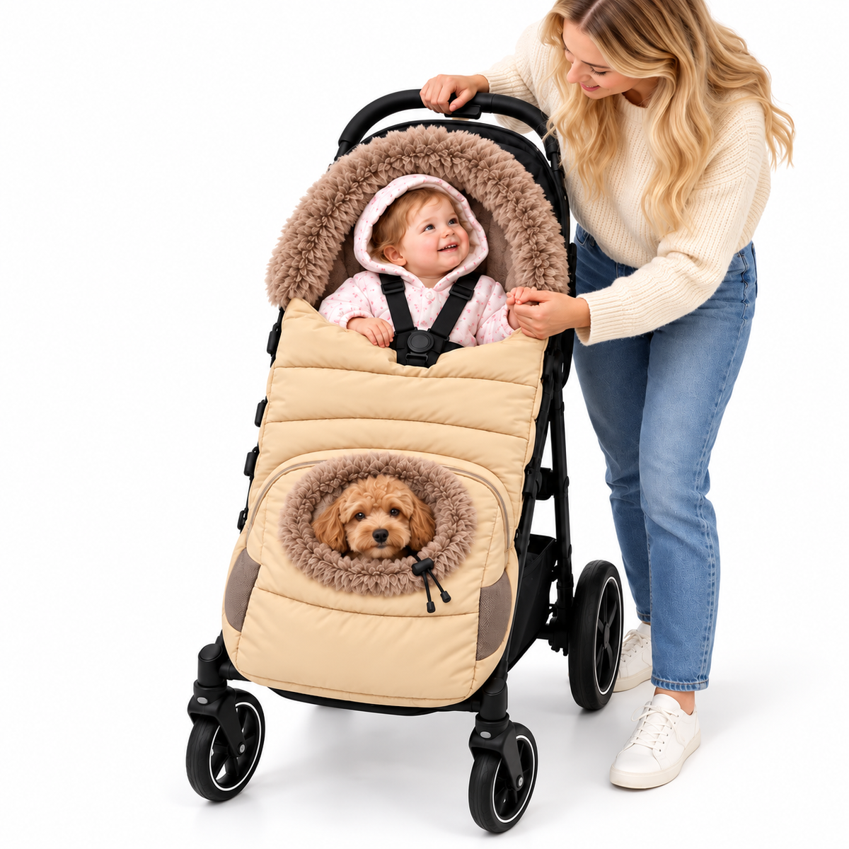 Mom pushing a stroller with a baby and a small dog in the FamilyNest